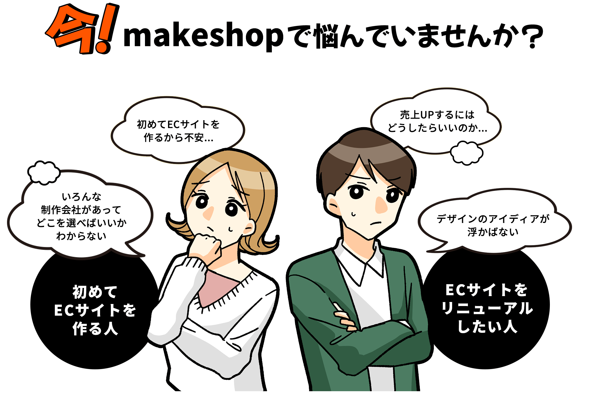 今！makeshopで悩んでいませんか? 初めてECサイトを作るから不安... 売上UPするにはどうしたらいいのか... いろんな制作会社があってどこを選べばいいかわからない デザインのアイディアが浮かばない 初めてECサイトを作る人 ECサイトをリニューアルしたい人